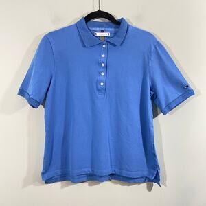 Tommy Hilfiger Women Blue Lattice Collar Short Sleeve Polo Top Size L